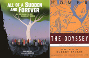 Book covers for All of a Sudden and Forever, and The Odyssey